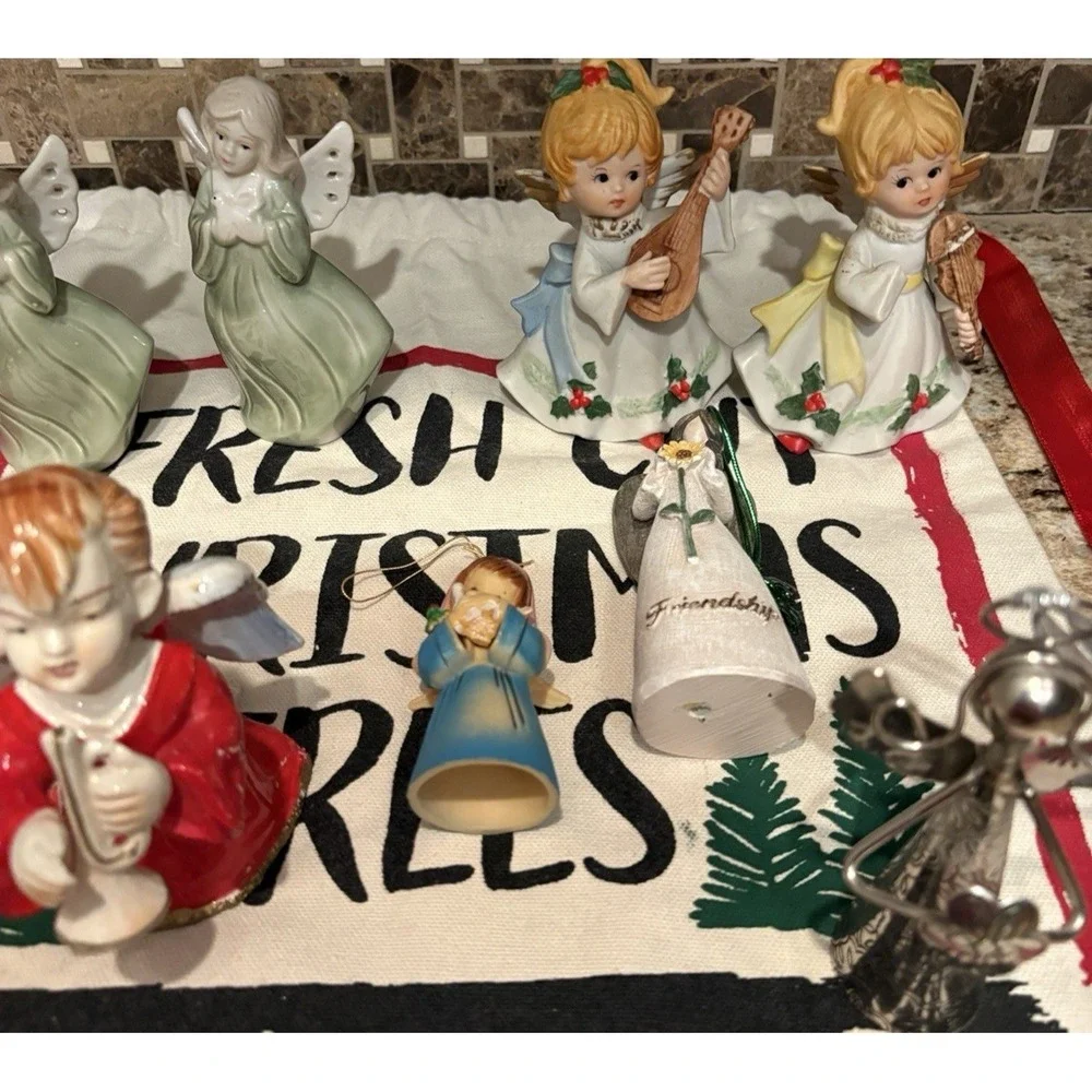 Angel Bell Ornament figurines‎ ceramic silver  Vintage Lot of 8
